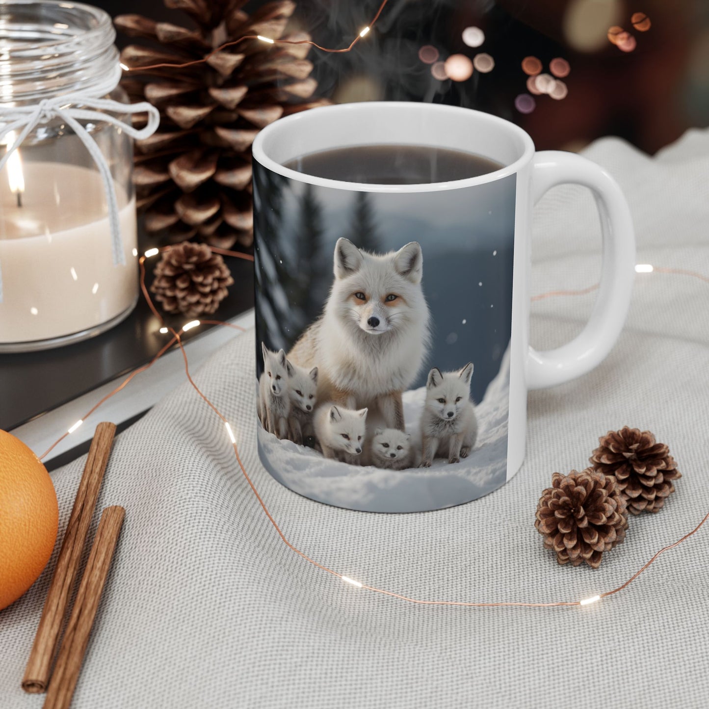 Artic Fox with Baby Foxes Ceramic Mug - 11oz, 15oz