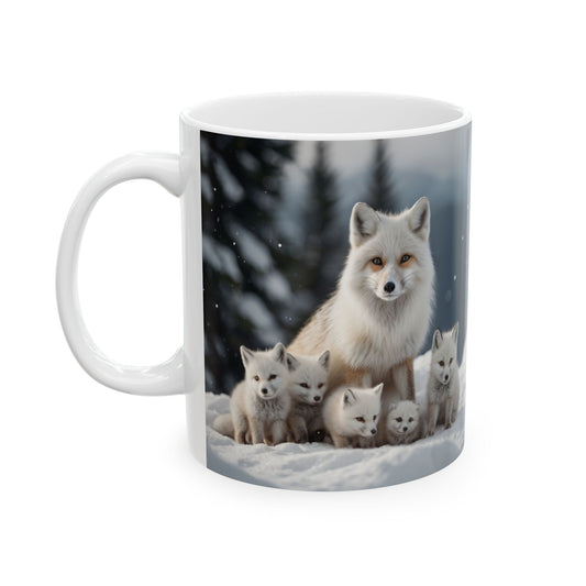 Artic Fox with Baby Foxes Ceramic Mug - 11oz, 15oz