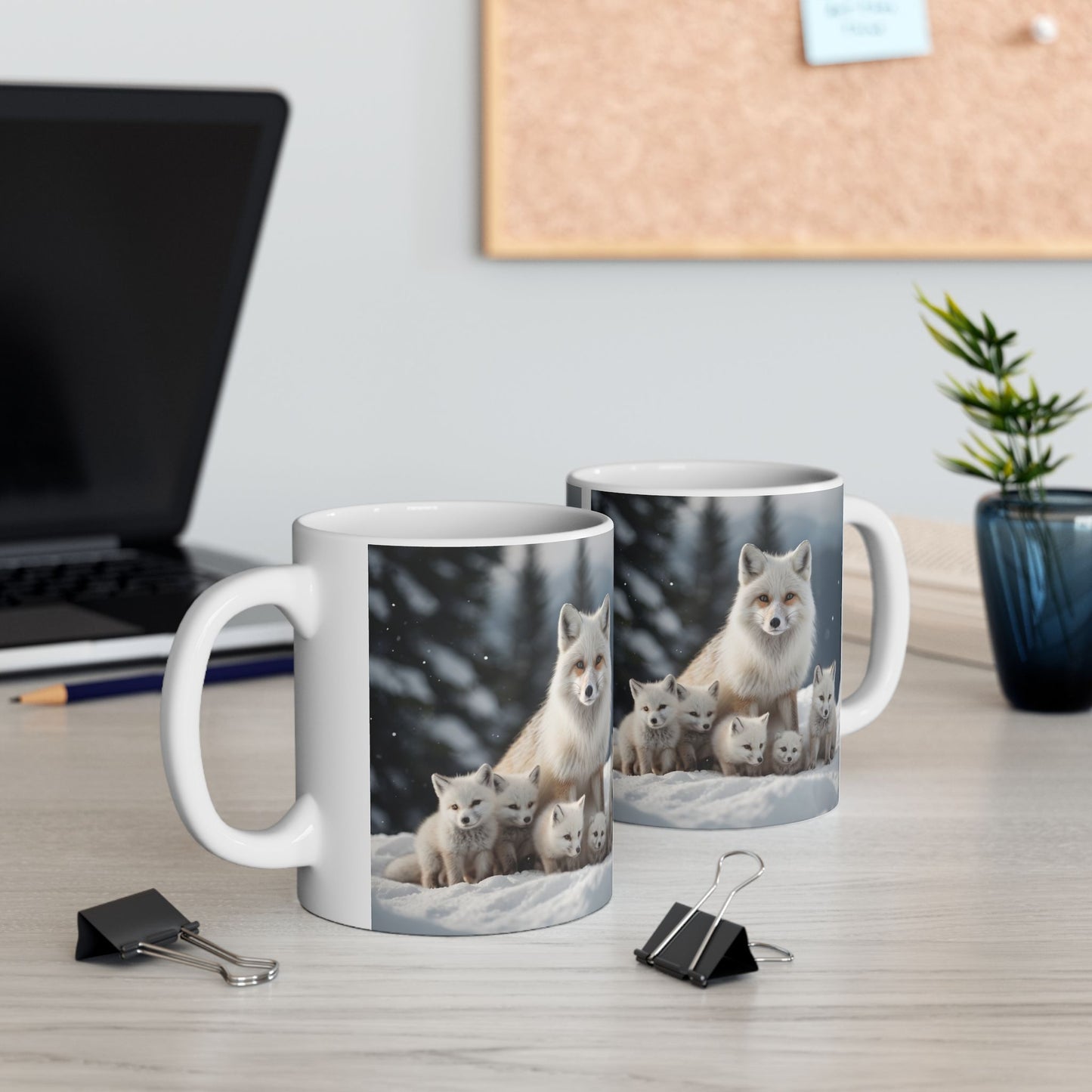 Artic Fox with Baby Foxes Ceramic Mug - 11oz, 15oz