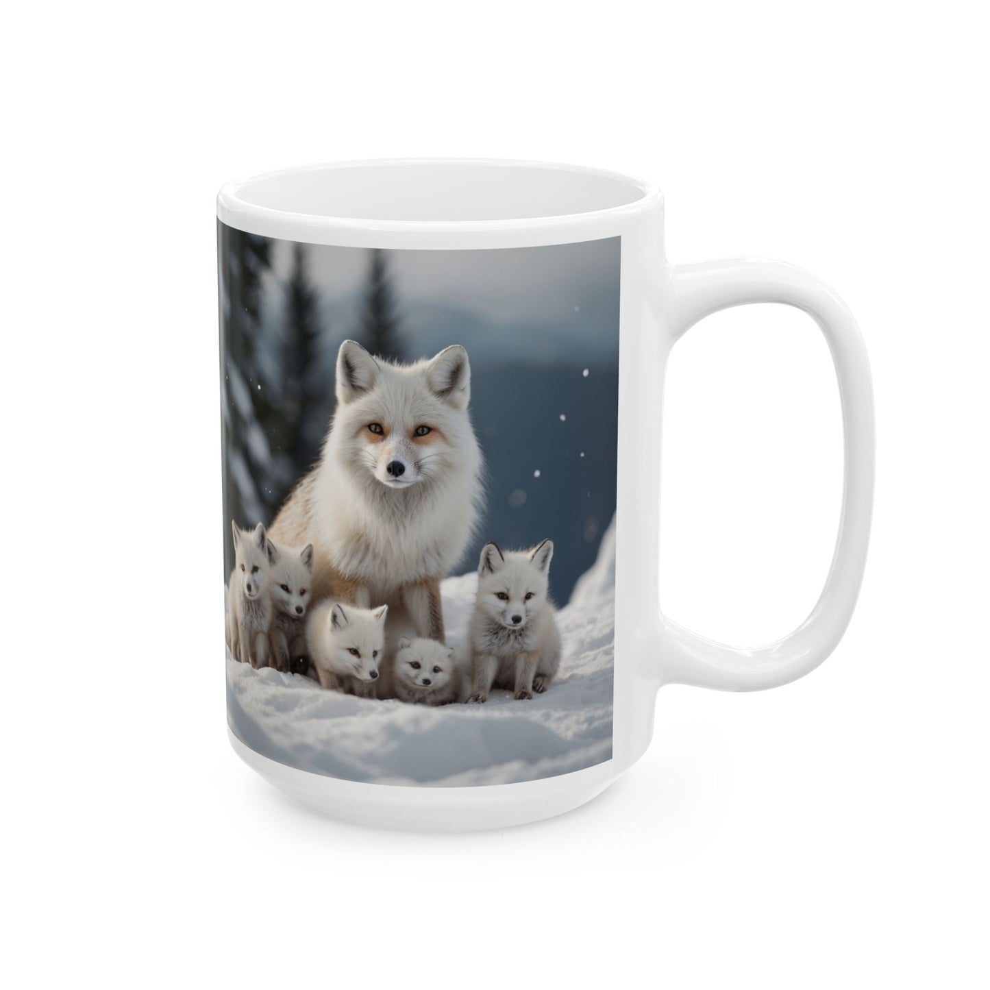 Artic Fox with Baby Foxes Ceramic Mug - 11oz, 15oz