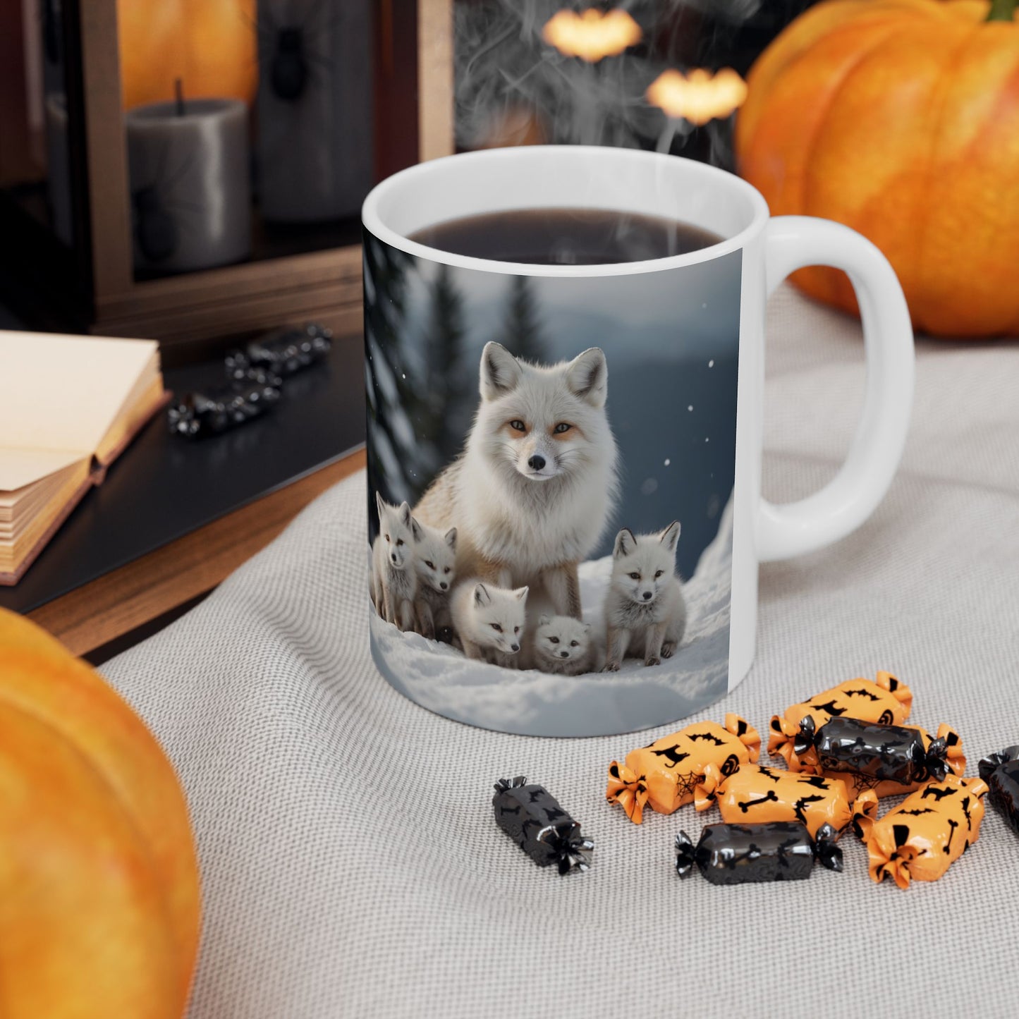 Artic Fox with Baby Foxes Ceramic Mug - 11oz, 15oz