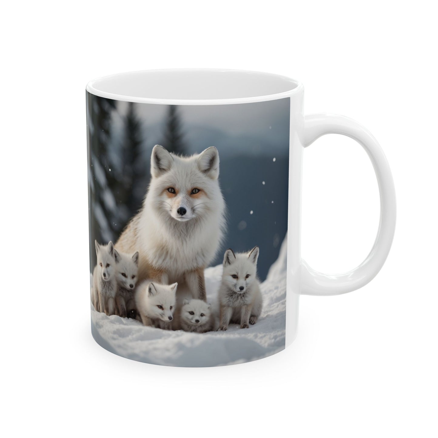 Artic Fox with Baby Foxes Ceramic Mug - 11oz, 15oz