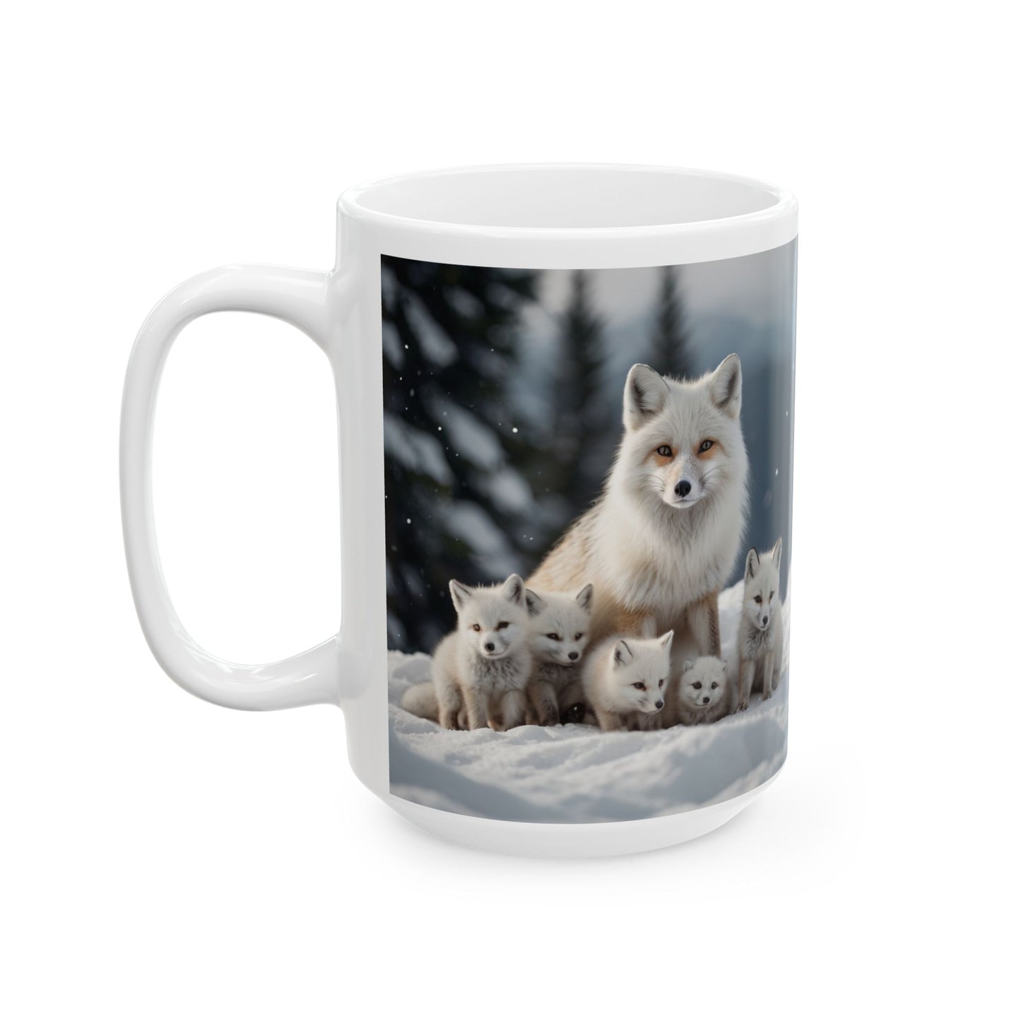 Artic Fox with Baby Foxes Ceramic Mug - 11oz, 15oz