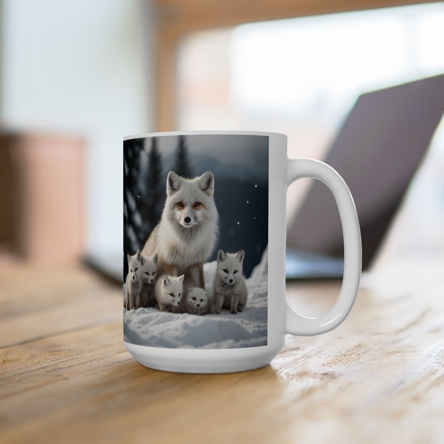 Artic Fox with Baby Foxes Ceramic Mug - 11oz, 15oz